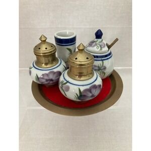 Vintage Thai Salt and Pepper Shaker Condiment Set w/ Oval Brass Tray